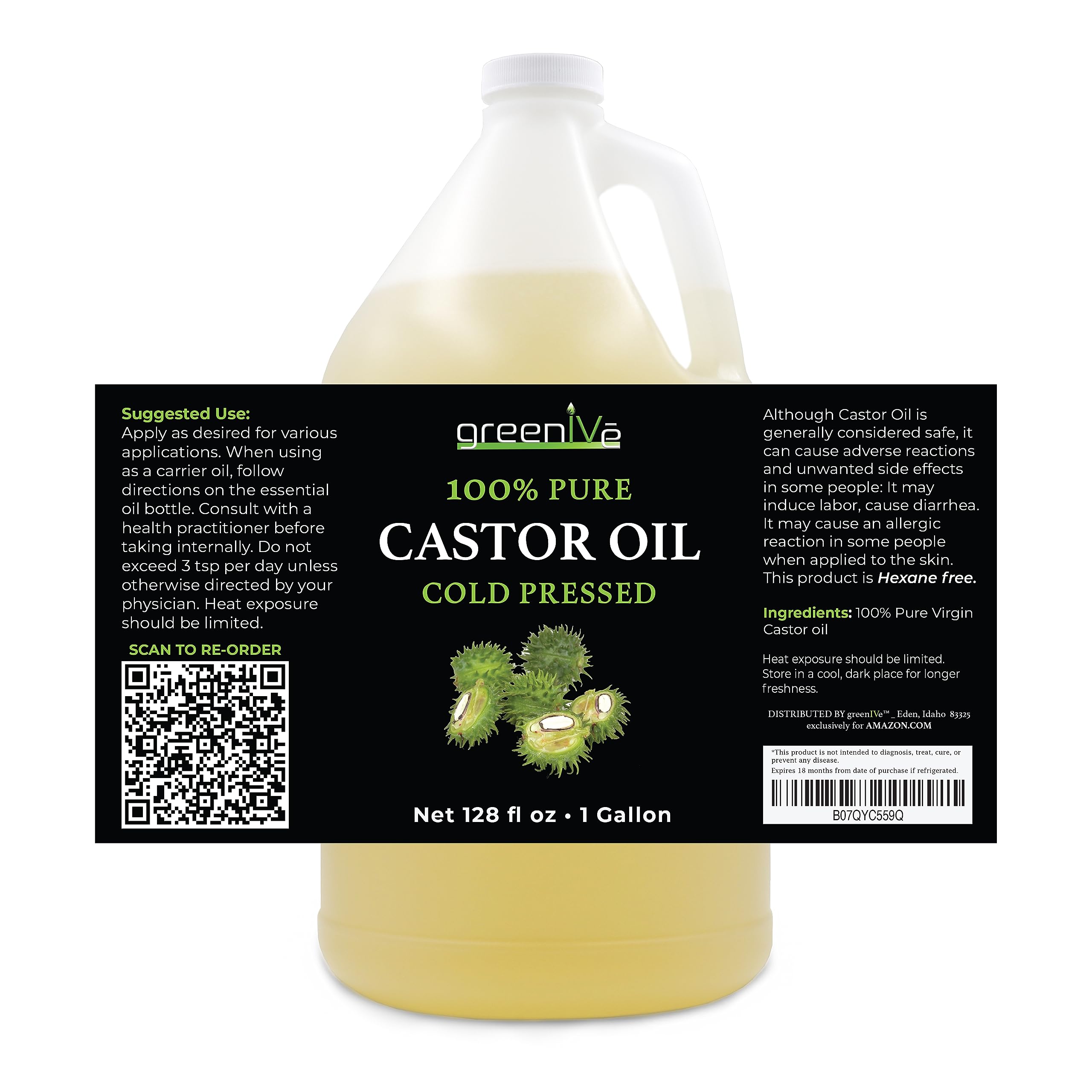 GreenIVe 100% Pure Castor Oil – Cold-Pressed, Hexane-Free – Hair, Eyebrows, Eyelashes, Skin Moisturizer, Castor Pack Wrap Oil Bulk Bottle (1 Gallon)