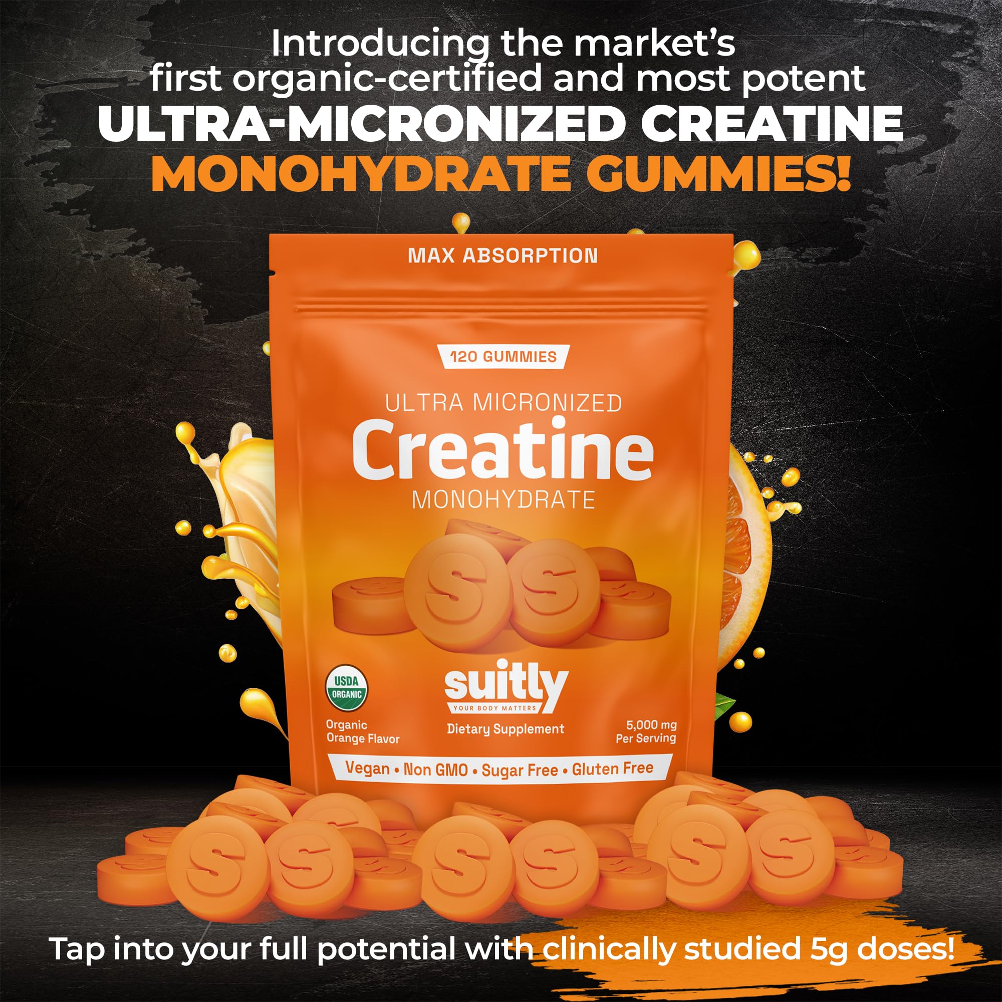Suitly Creatine Gummies | 5g Ultra-Micronized Creatine Monohydrate | Made with Certified Organic Ingredients | Vegan, Sugar Free, Non GMO & Gluten Free | 120 Gummies | Organic Orange Flavor