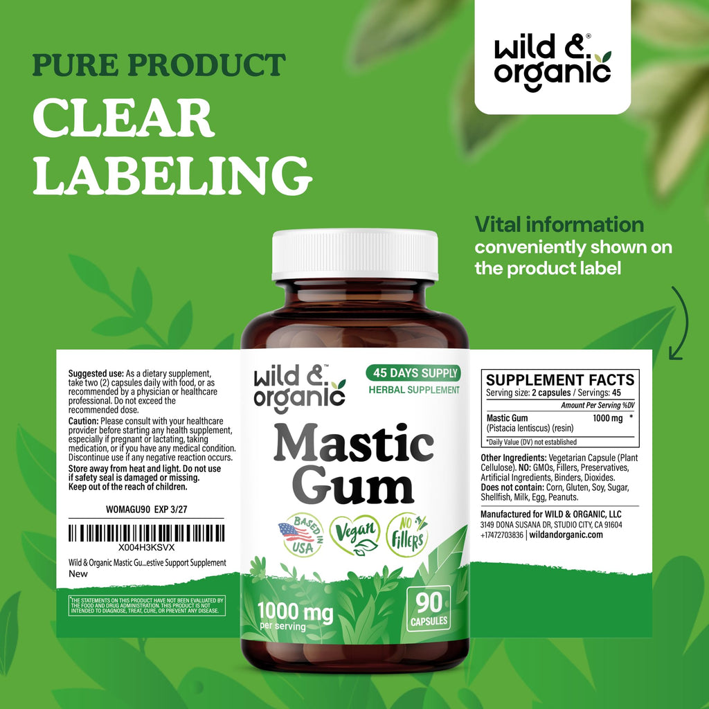 Wild & Organic Mastic Gum Capsules - 1000 mg Mastic Gum Supplement for Gut Support - 45 Days of Supply - 90 Vegan Resin Capsules - No Fillers, Non-GMO, Gluten-Free