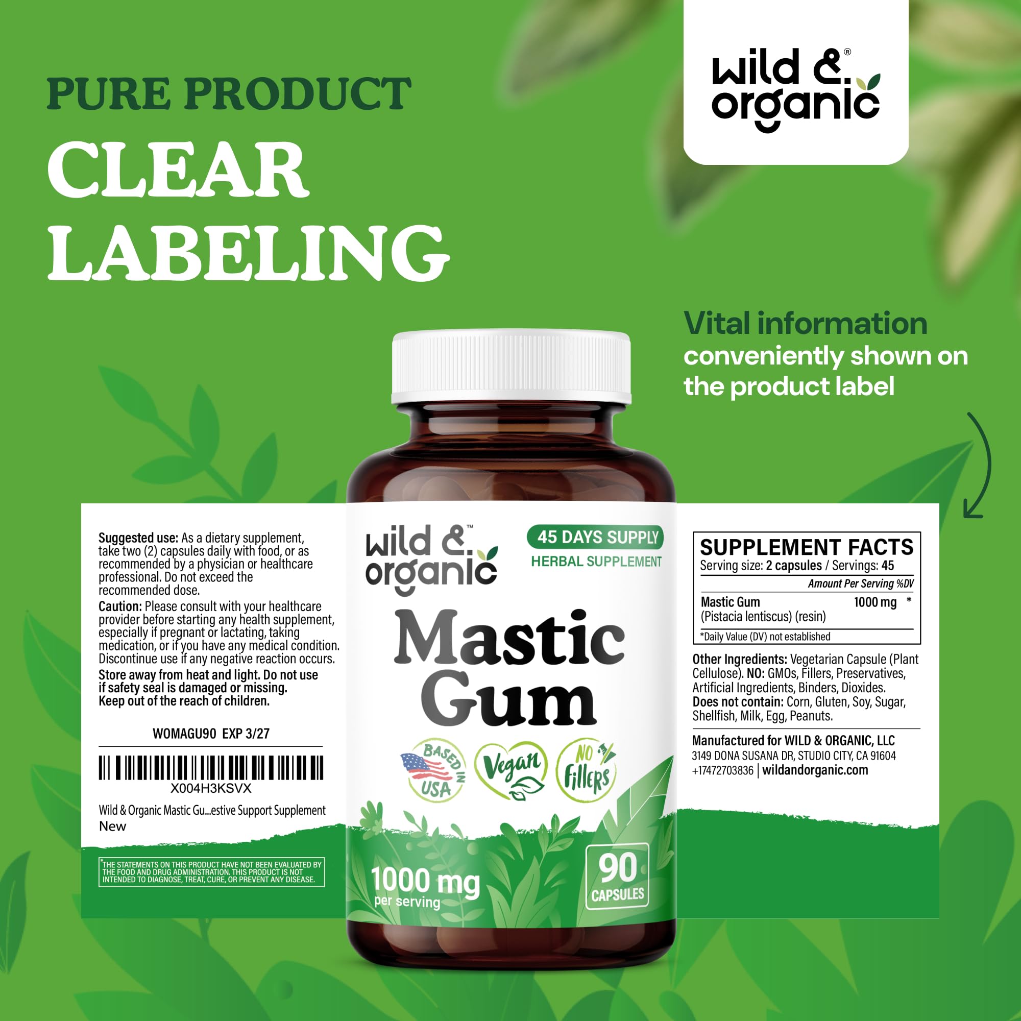 Wild & Organic Mastic Gum Capsules - 1000 mg Mastic Gum Supplement for Gut Support - 45 Days of Supply - 90 Vegan Resin Capsules - No Fillers, Non-GMO, Gluten-Free