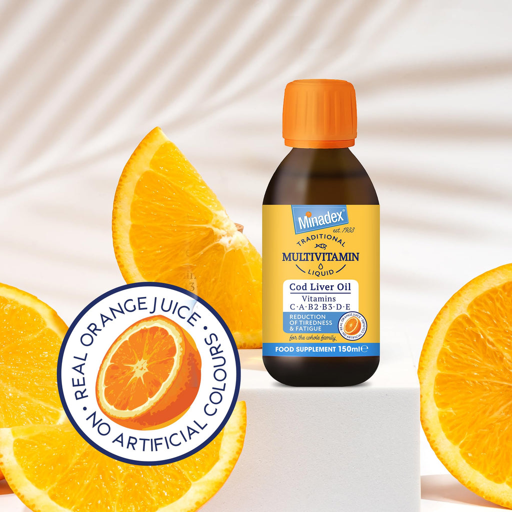 Minadex® Multivitamin Liquid with Cod Liver Oil for Adults & Kids, Delicious Orange Flavour, Vitamins C, A, B2, B3, D, E & Omega-3, Boost Energy & Reduces Tiredness, Supports Immunity, 150ml