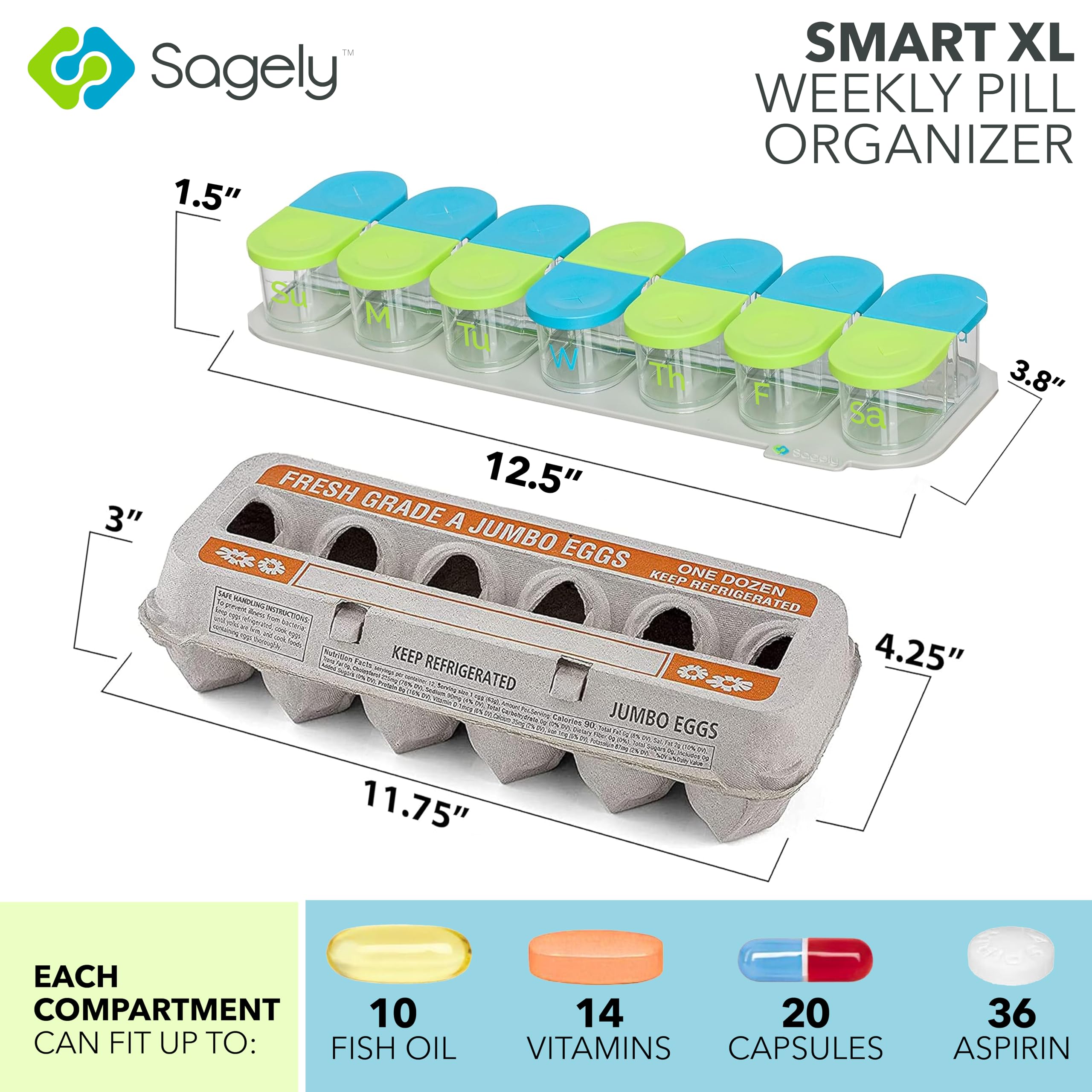 Sagely XL Pill Organizer, Weekly Pill Box, Cute Durable Magnetic Removable Pods, Easy to Use, Spill Proof, Extra Large Enough to Fit Fish Oil, Cod Liver Oil, Supplements & Vitamins (Pink/Gray)