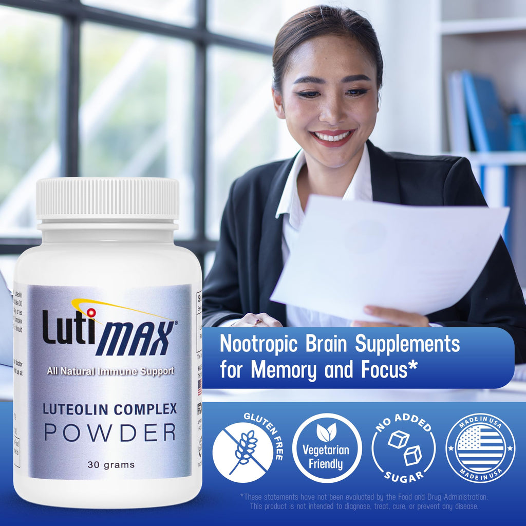 Lutimax Luteolin Complex Powder Brain Supplement with Rutin - Nootropic Brain Supplements for Memory and Focus to Improve Brain Health - Antioxidant Supplement for Immune Support - 100 Servings Solo