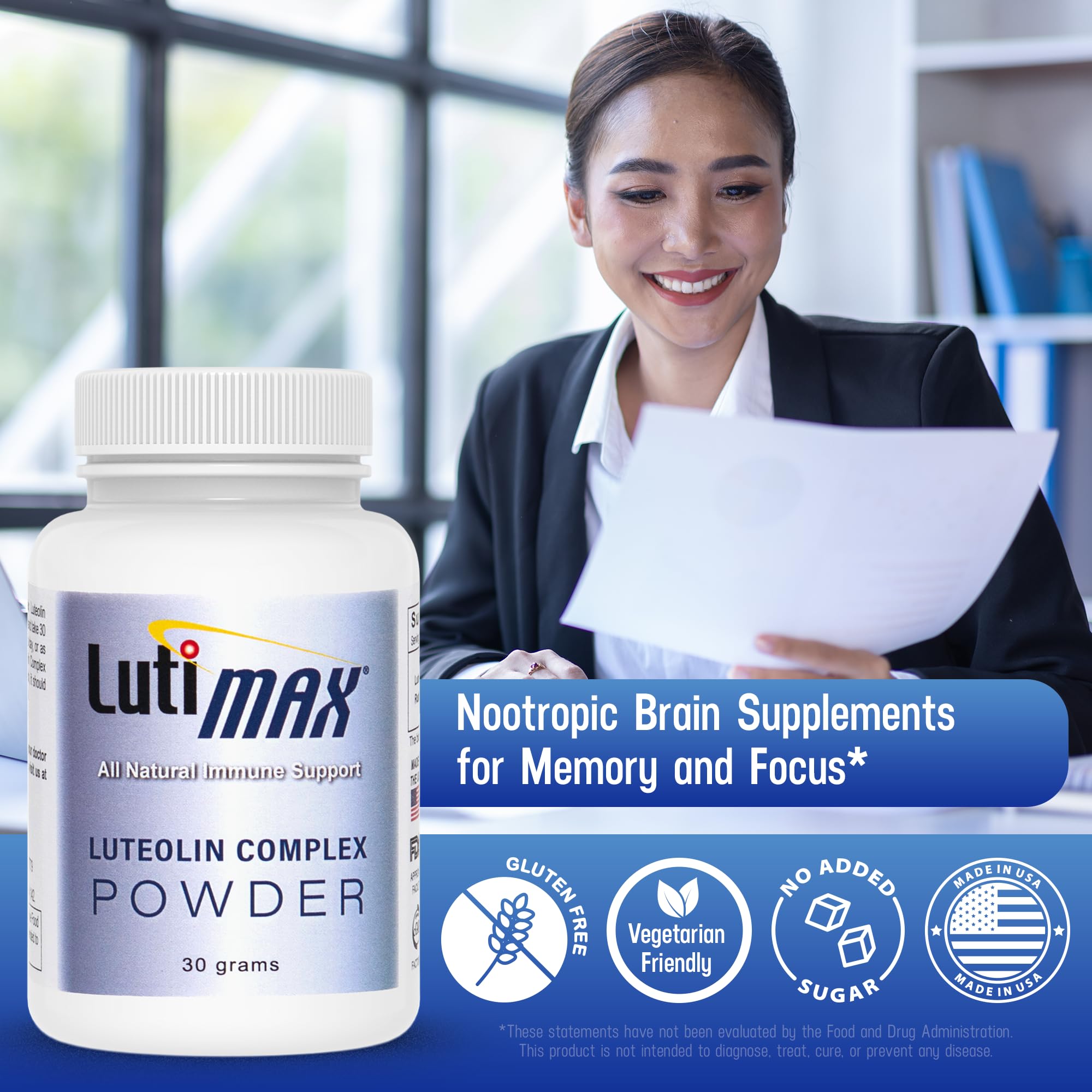Lutimax Luteolin Complex Powder Brain Supplement with Rutin - Nootropic Brain Supplements for Memory and Focus to Improve Brain Health - Antioxidant Supplement for Immune Support - 100 Servings Solo