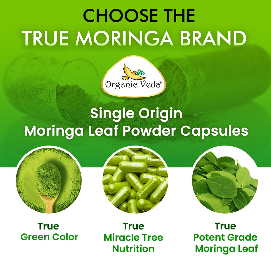 Organic Veda Moringa Capsule 1000mg, 6 Months Supply - True Green Pure Organic Moringa Leaf Superfood - Vitamins & Antioxidants Rich Powder, Energy, Digestion, Brain & Skin Health - 360 Vegan Capsule