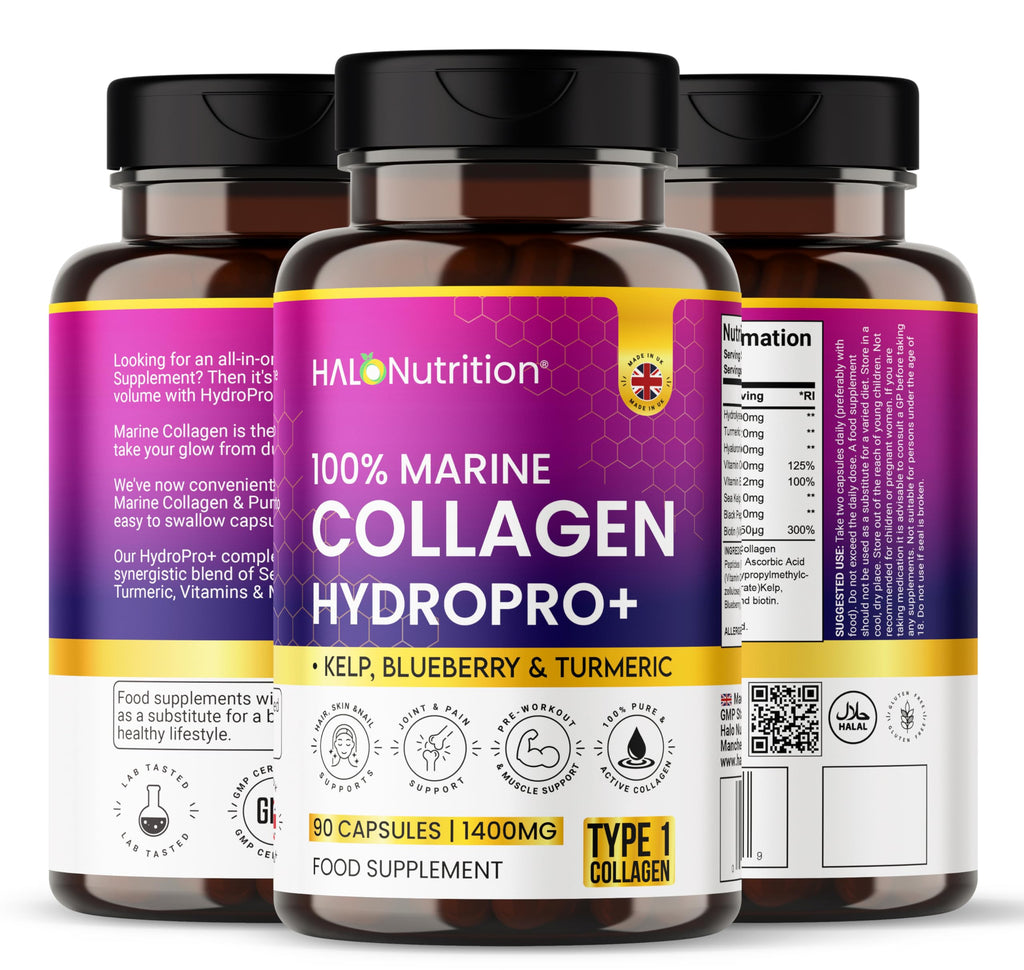 Halo Nutrition Pure Marine Collagen Capsules 1400mg | Halal Collagen Supplements for Women & Men Enhanced with Hyaluronic Acid, Vitamin C, Turmeric & Biotin Supports Hair, Skin, & Joint | 90 Capsules