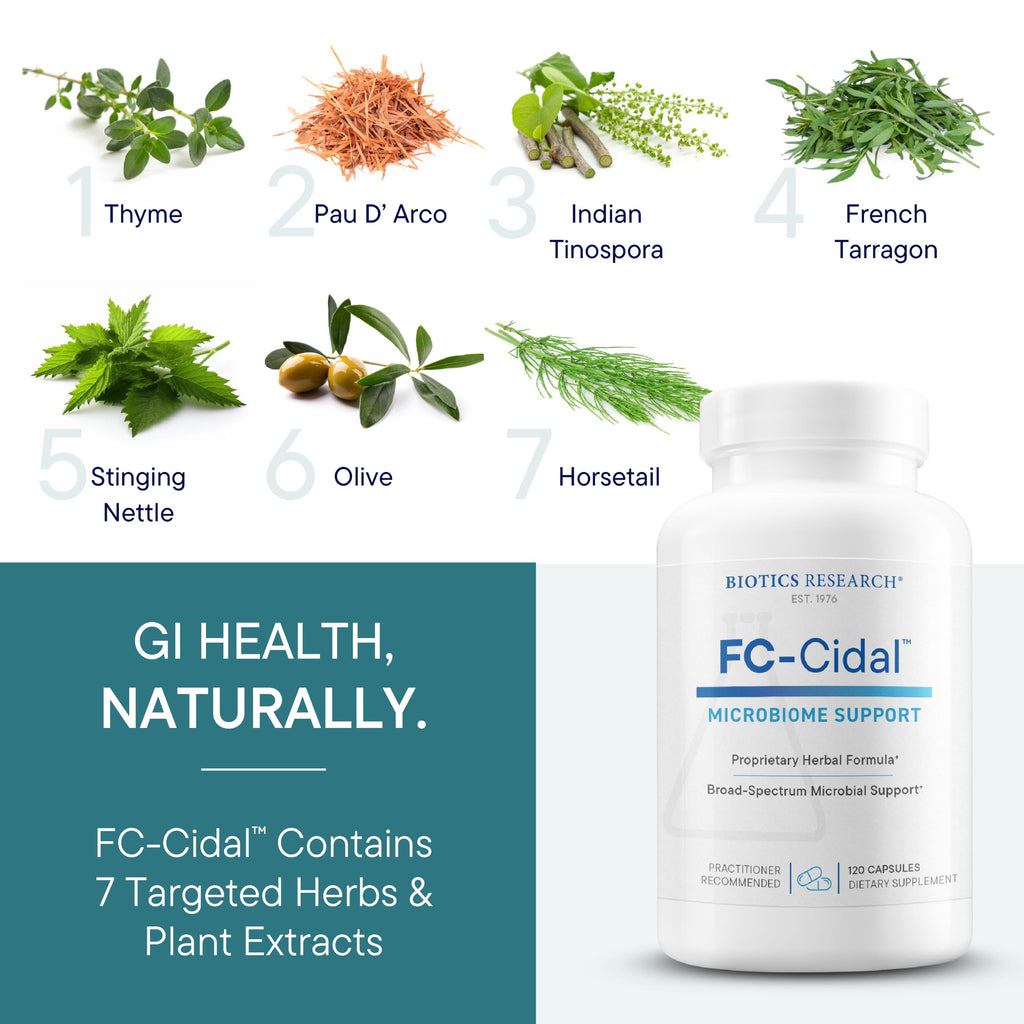 BIOTICS RESEARCH FC Cidal™ Herbal Blend Complete GI Gut Health for Women & Men- 500 mg/Serving - 7 Herbs Proprietary Blend Supplement Supports Healthy GI Function and Microbial Balance 120 Capsules