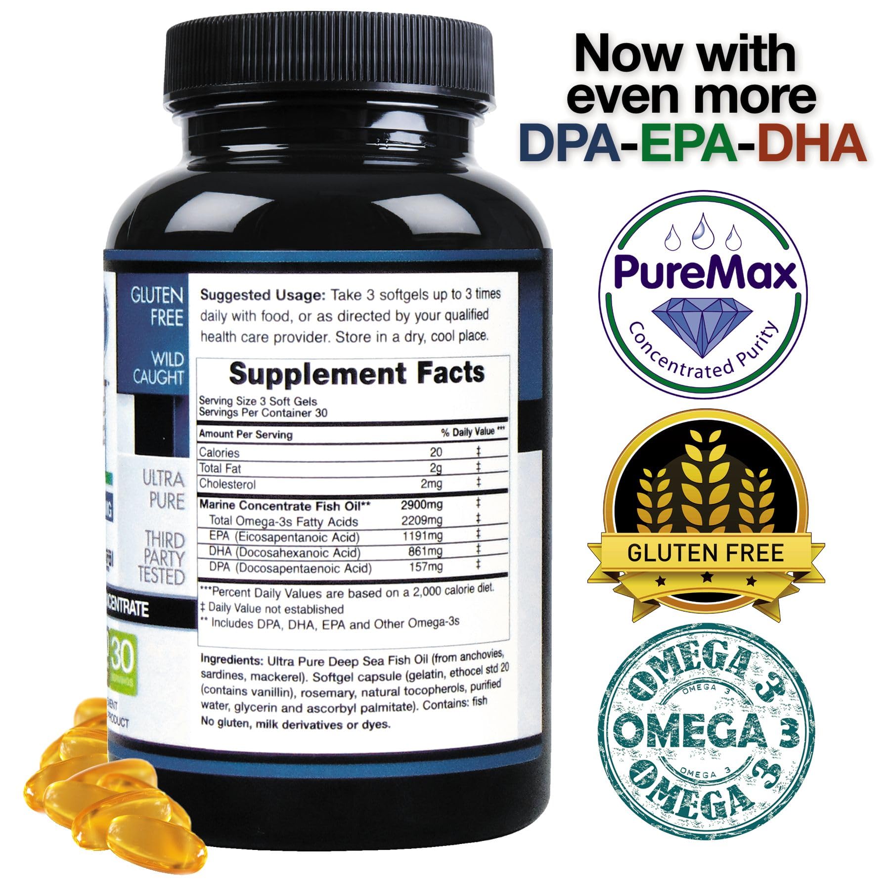 2 Pack, Wild Caught Omega 3 Fish Oil with DPA-EPA-DHA 2,900 MG Burpless