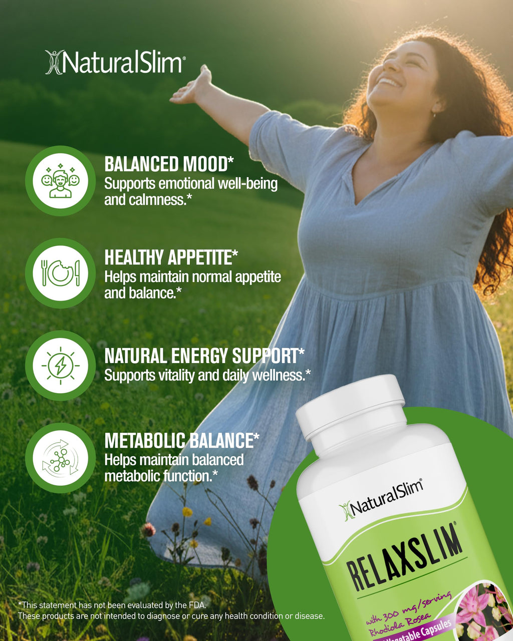 NaturalSlim Relaxslim Rhodiola Rosea & Adaptogenic Herb for Brain, Mood, Metabolism, Tension & Energy Support Supplement - 21 Different Natural Compounds Help Control Appetite - 120 Capsules