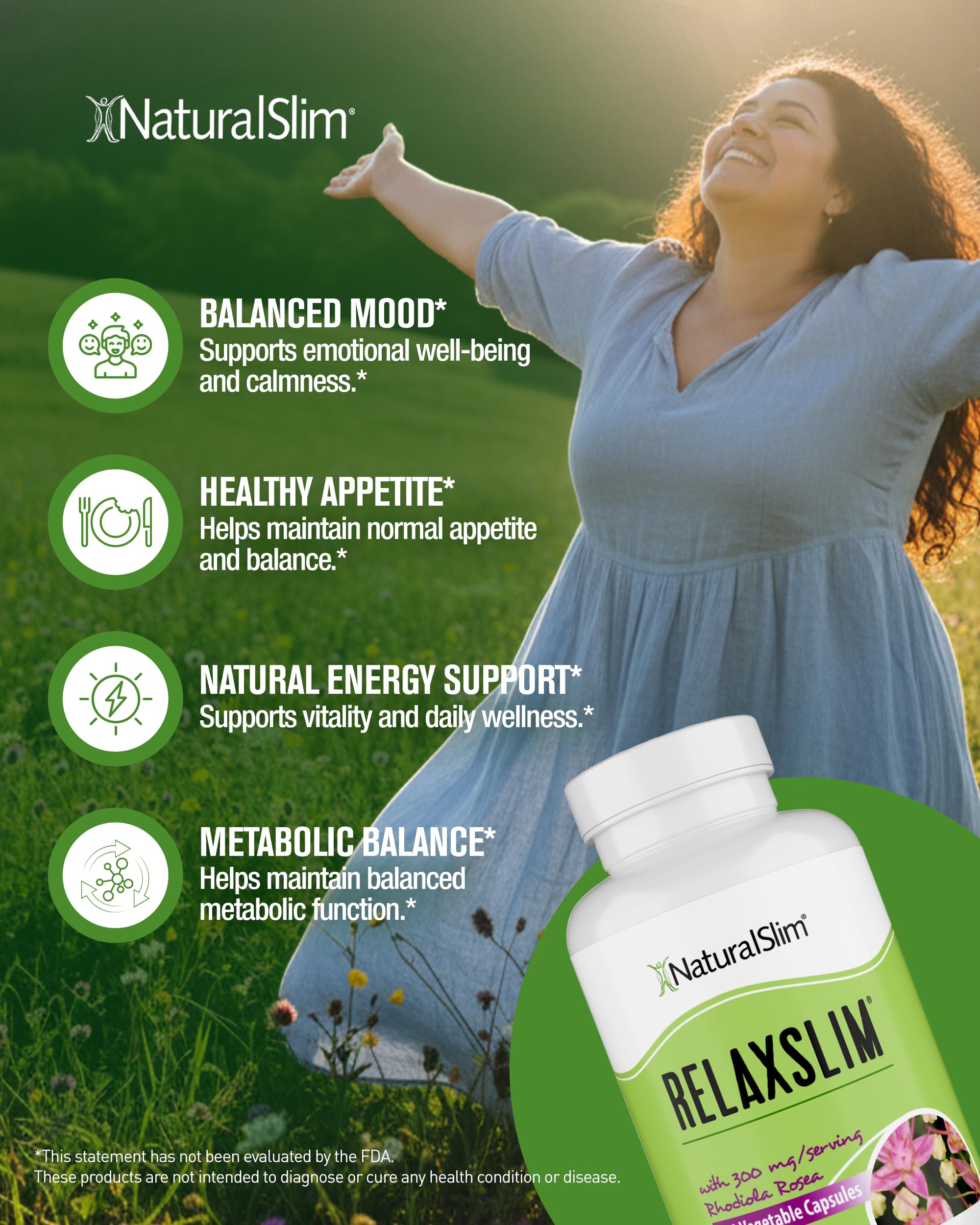 NaturalSlim Relaxslim Rhodiola Rosea & Adaptogenic Herb for Brain, Mood, Metabolism, Tension & Energy Support Supplement - 21 Different Natural Compounds Help Control Appetite - 120 Capsules