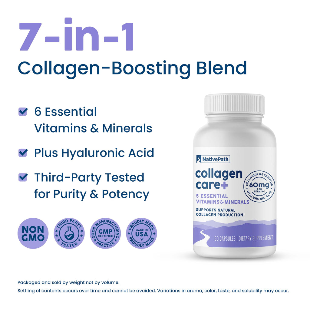 NativePath Collagen Care+, 5 Vitamin Blend with Hyaluronic Acid and Boron that Supports Collagen for Men and Women, 60 Capsules