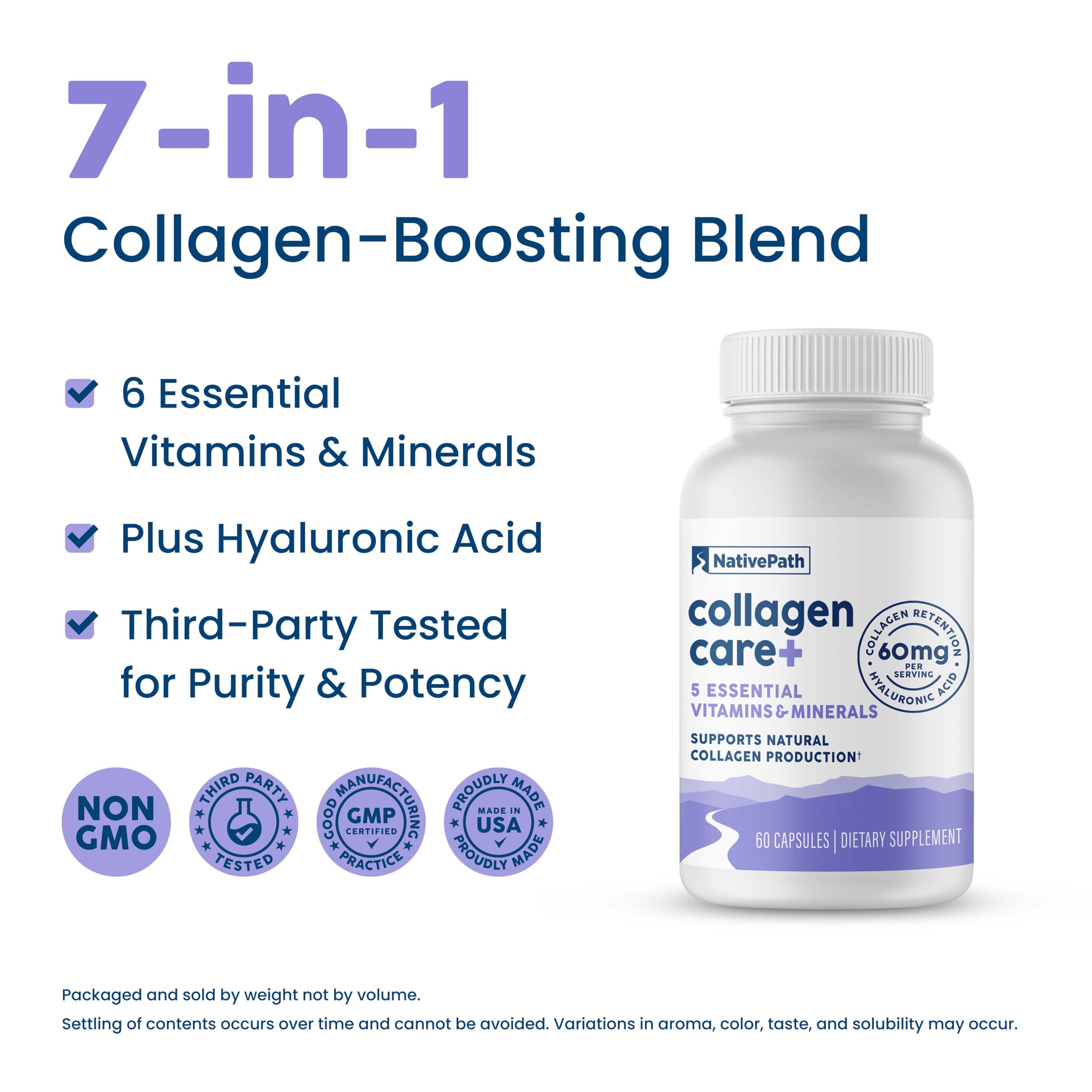 NativePath Collagen Care+, 5 Vitamin Blend with Hyaluronic Acid and Boron that Supports Collagen for Men and Women, 60 Capsules
