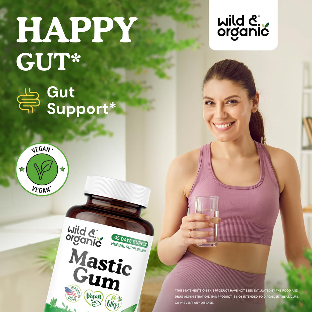 Wild & Organic Mastic Gum Capsules - 1000 mg Mastic Gum Supplement for Gut Support - 45 Days of Supply - 90 Vegan Resin Capsules - No Fillers, Non-GMO, Gluten-Free