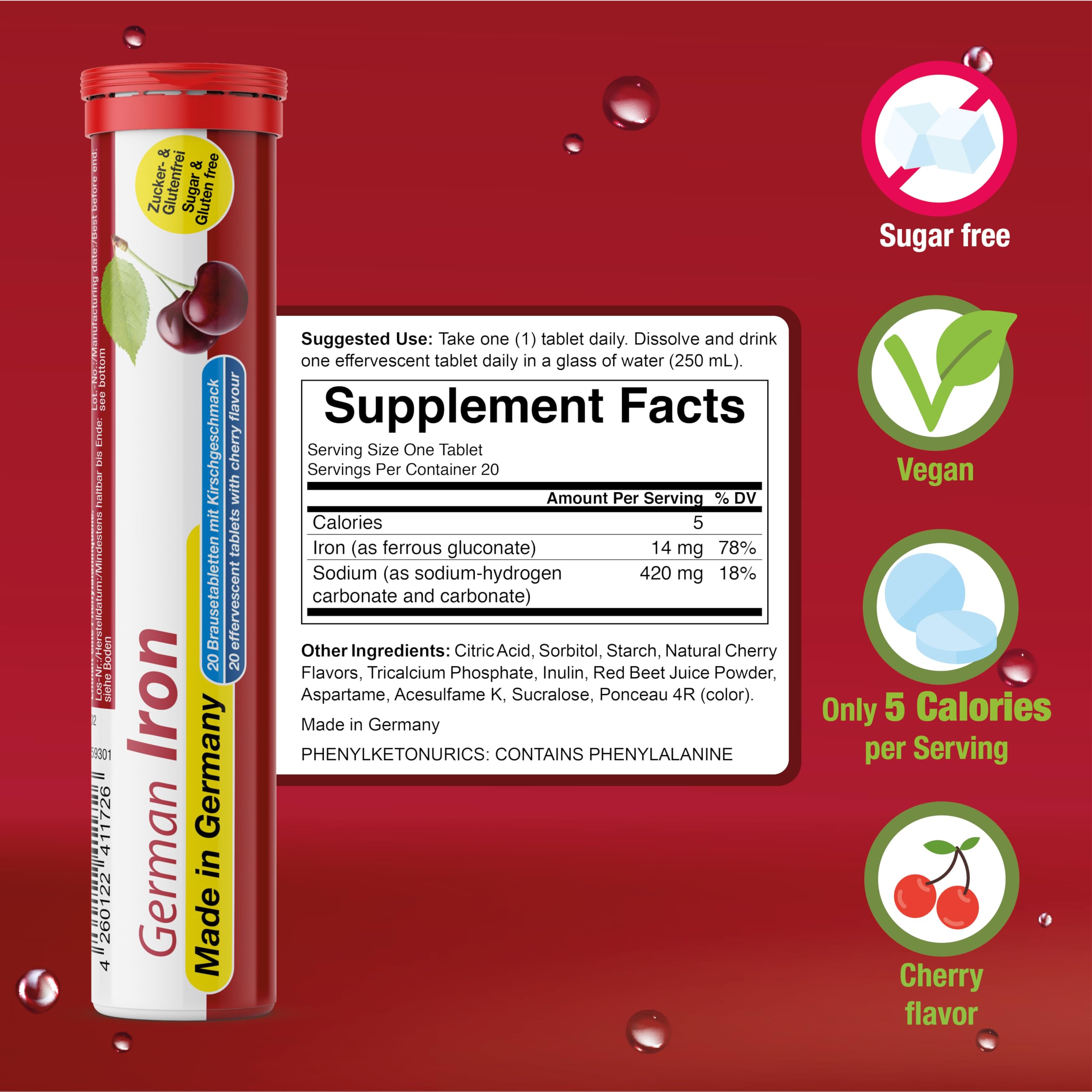T&D German Vitamin, Minerals - 100 Vegan/Vegetarian Drink Effervescent Tablets - Mixed Fruit Flavor Box - Made in Germany