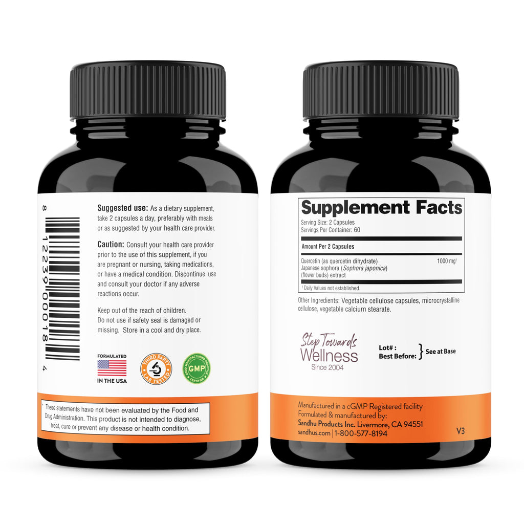 Quercetin 500mg Vegetarian Capsules 120 Count | 1000mg Per Serving of 2 Capsules | Immune Support Supplements For Respiratory, Cellular Health & Seasonal Allergies | Quercitin for Men & Women Immunity