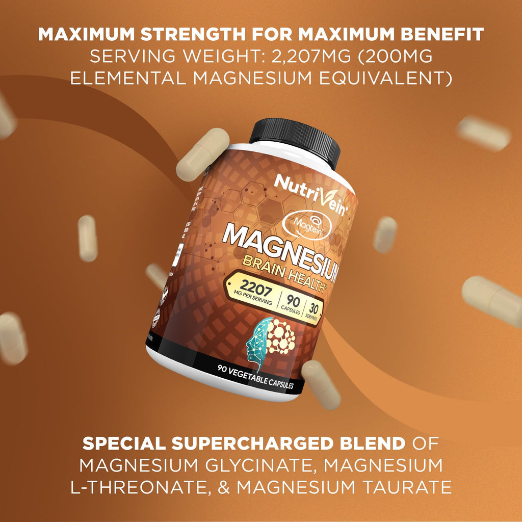 Nutrivein Premium Magtein Magnesium L-Threonate Supplement 2207 mg - 90 Caps (3 a Day): High-Absorption Magnesium Threonate for Brain, Sleep, Mood & Recovery