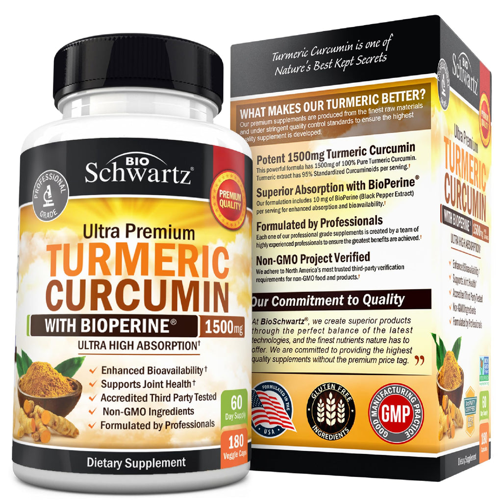 Turmeric Curcumin with Black Pepper Extract 1500mg - High Absorption Ultra Potent Turmeric Supplement with 95% Curcuminoids and BioPerine - Non GMO Tumeric Capsules for Joint Support - 180 Capsules