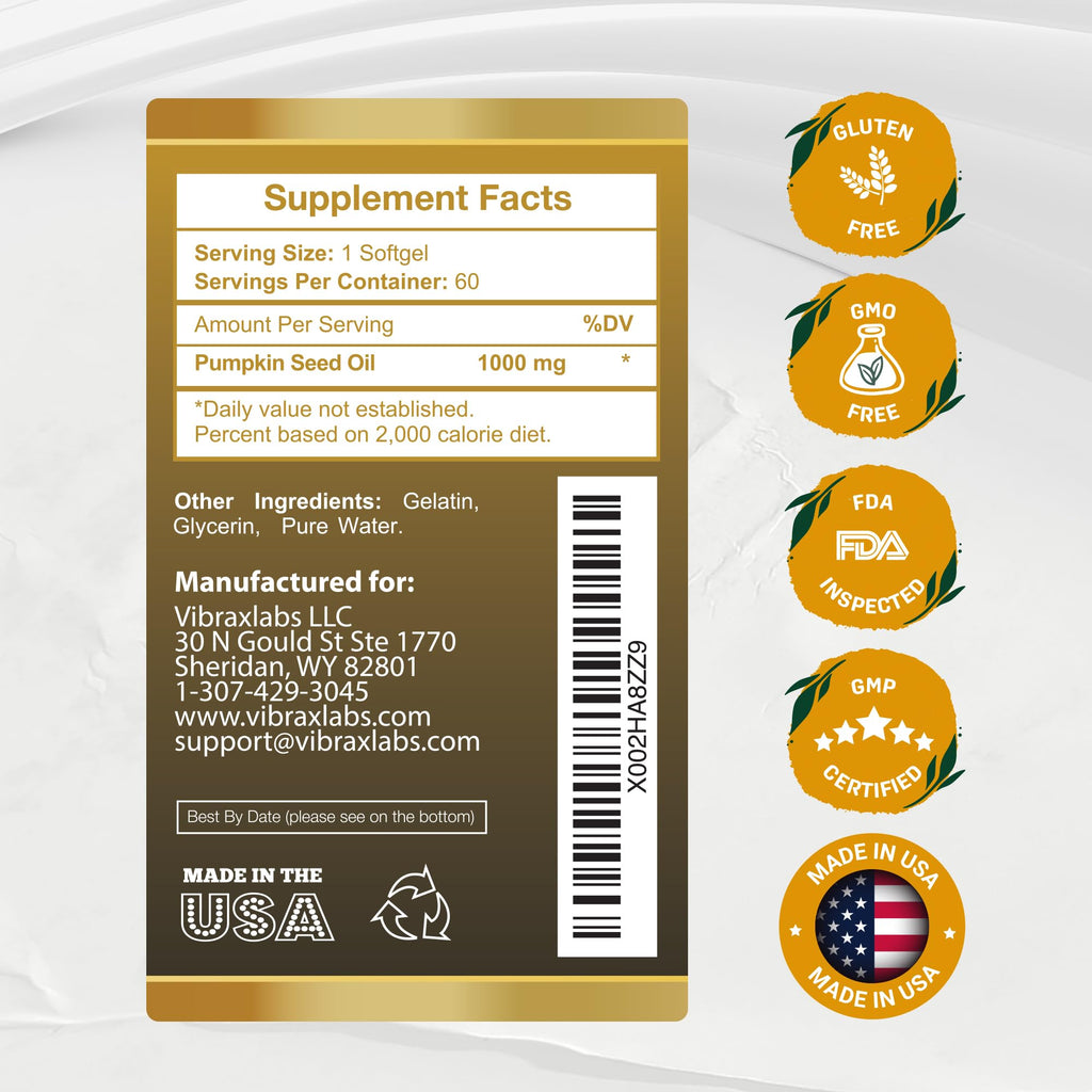 vibraxlabs Pumpkin Seed Oil - 100% Cold Pressed Pure 1000mg Extraction - Best for Hair Growth, Younger Looking Skin & Face, Bladder Control Supplement, 60 Softgels
