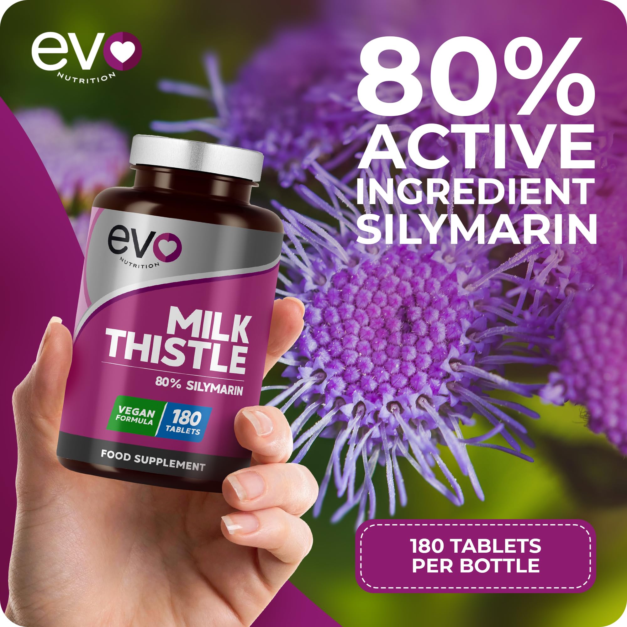 EVO Nutrition Milk Thistle, 80% Silymarin, 180 Vegan Tablets