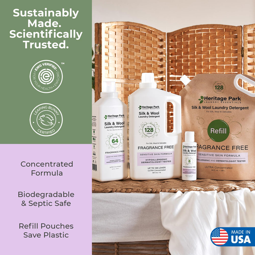 Heritage Park Silk & Wool Fragrance Free, Hypoallergenic, pH-Neutral Laundry Detergent - Dermatologist-tested, Sensitive Skin-Friendly, Enzyme-Free, Concentrated Up to 128 loads (64 fl oz)