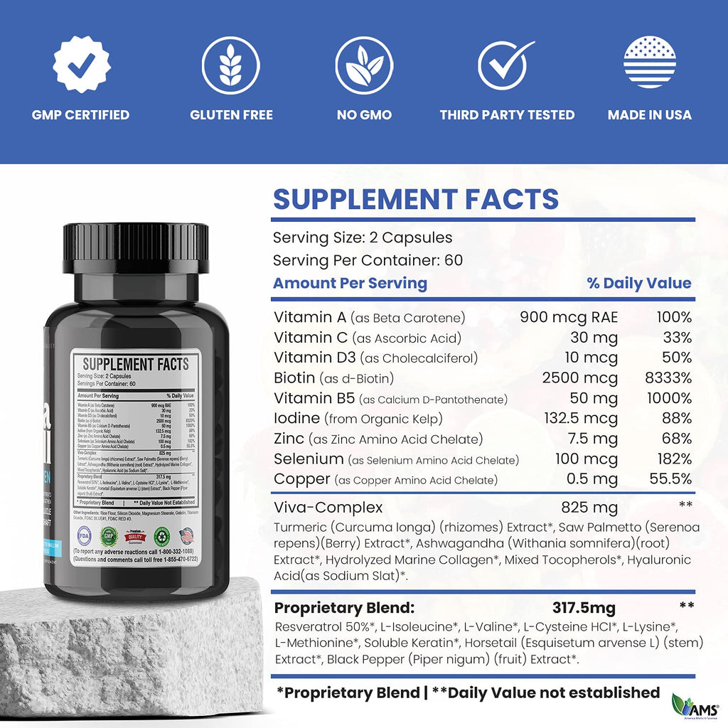America Medic & Science VivaPill for Men (120 Capsules) Vitamins for Hair, Skin and Nails | Revitalizing Formula Pills with Biotin, Dietary Supplement for Hair Growth with Collagen and Keratin