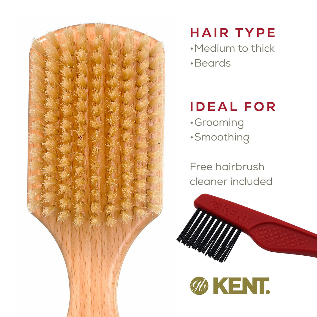 Kent OG4 Rectangular Beachwood Gentlemen's Hair Brush and Facial for Beard Care - Exfoliating Natural Boar Bristle Brush for Mens Grooming, Hair Care, and Beard Straightener for Men's
