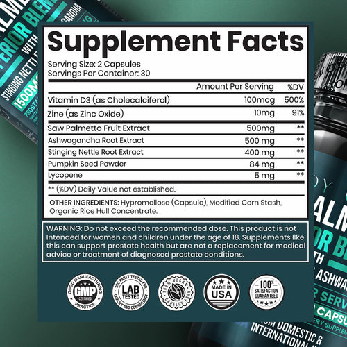 Body C.E.O. Saw Palmetto for Men 1500mg Supplement - Prostate Health & Urinary Flow Support - Ashwagandha, Lycopene & Pumpkin Seed - Third Party Tested, USA Made, Vegan & Cruelty Free - 60 Capsules