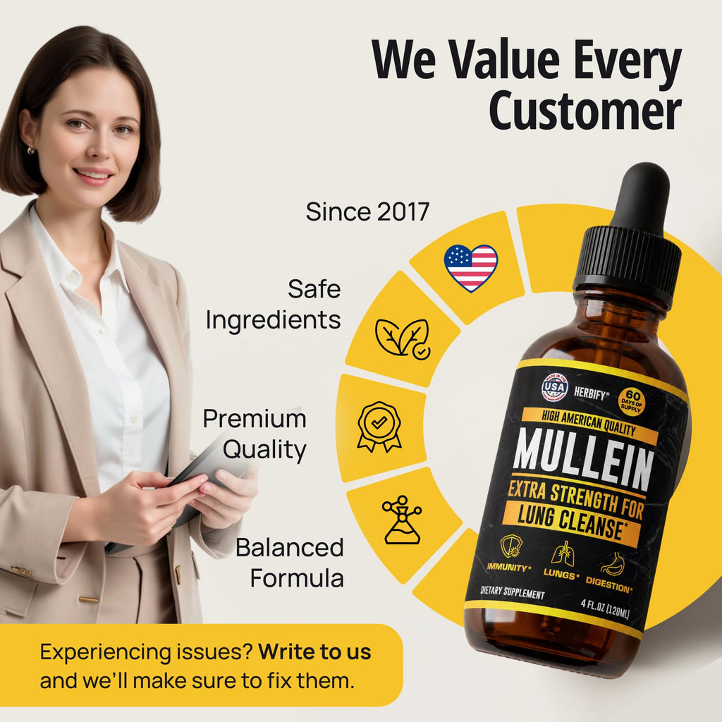 HERBIFY Mullein Drops - Lung Cleanse - Leaf Extract - Powerful Mullein for Immune Support,Detox & Respiratory Support - Made in USA - Lung Cleanse for Smokers - 4 Oz