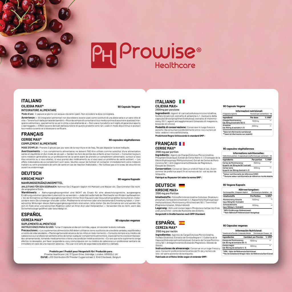 Cherry Max+ 2100mg Montmorency Cherry Added with Black Cherry I 90 Vegan Capsules High Strength I Made in The UK by Prowise Healthcare