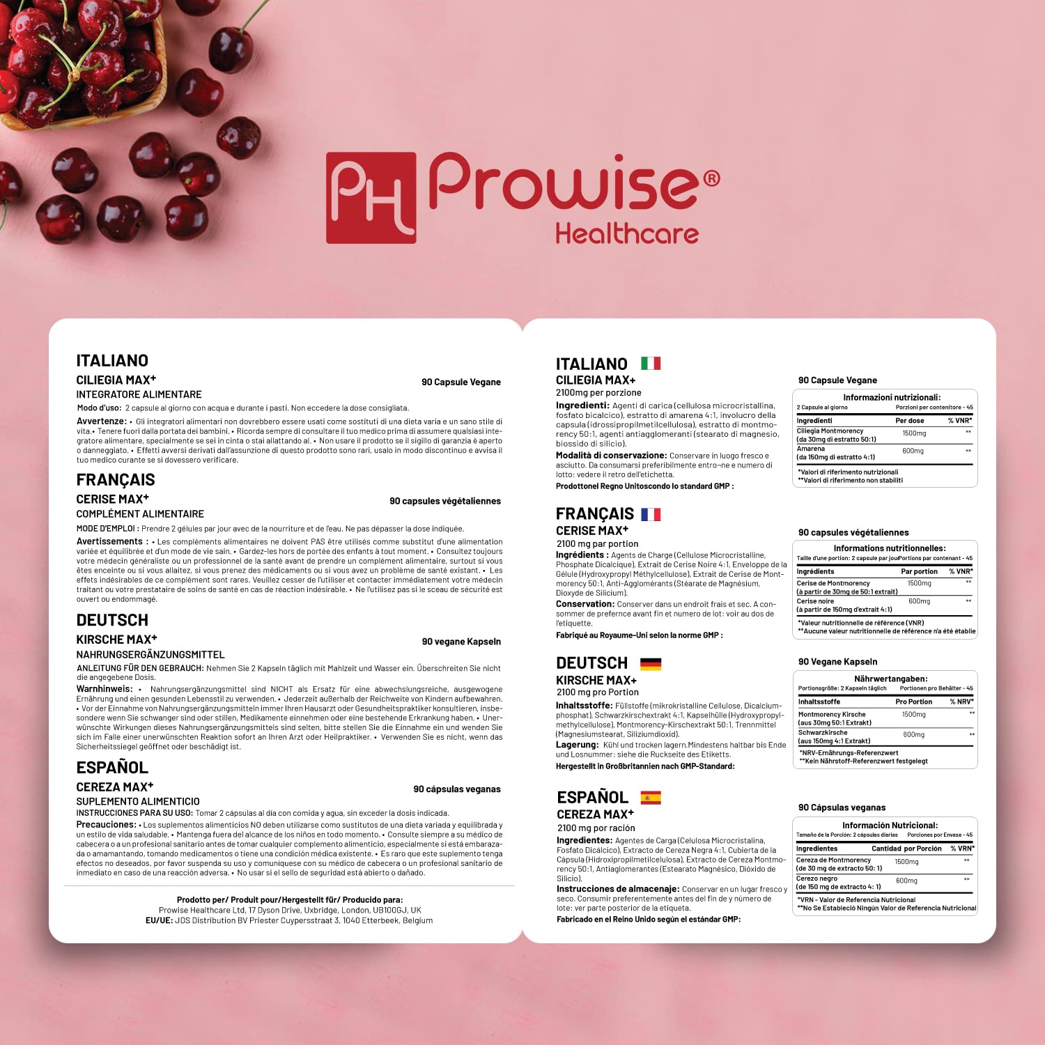 Cherry Max+ 2100mg Montmorency Cherry Added with Black Cherry I 90 Vegan Capsules High Strength I Made in The UK by Prowise Healthcare