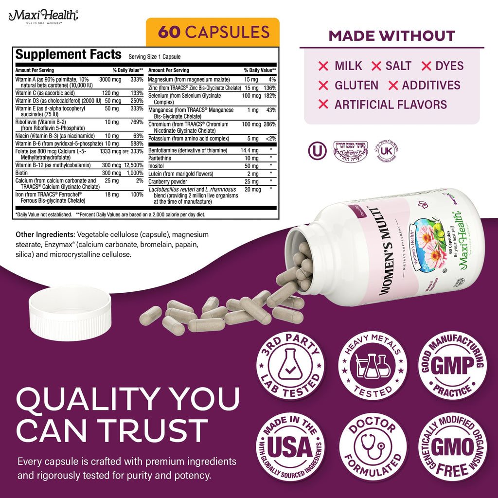 Womens Multivitamin – Methylated Multivitamin for Women with 23 Key Vitamins C, D, B6, B12, Calcium, Probiotics, Biotin & More - Energy, Skin, Nails & Gut Health Support - Kosher 60 Capsules