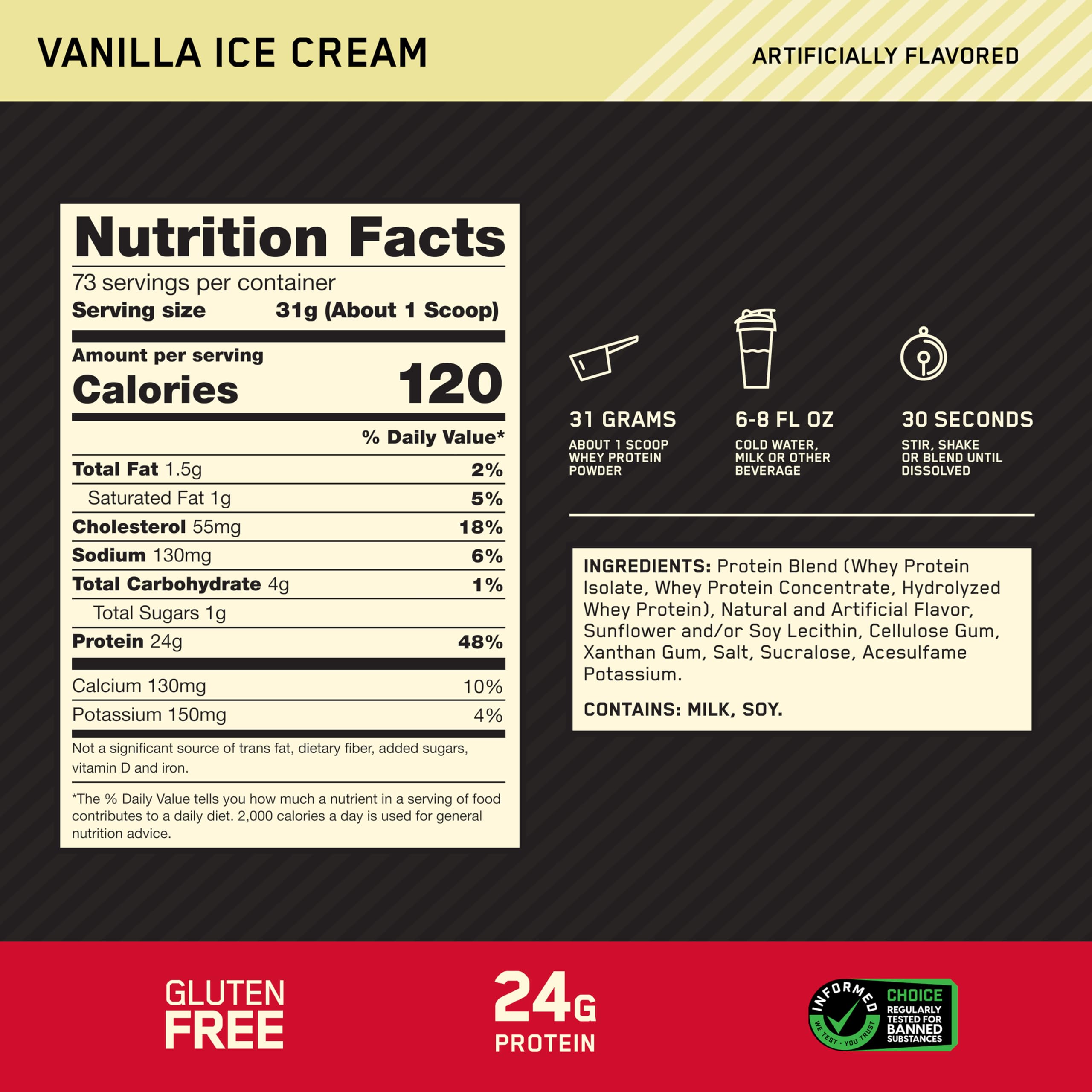Optimum Nutrition Gold Standard 100% Whey Protein Powder, Vanilla Ice Cream, 5 Pound (Packaging May Vary)