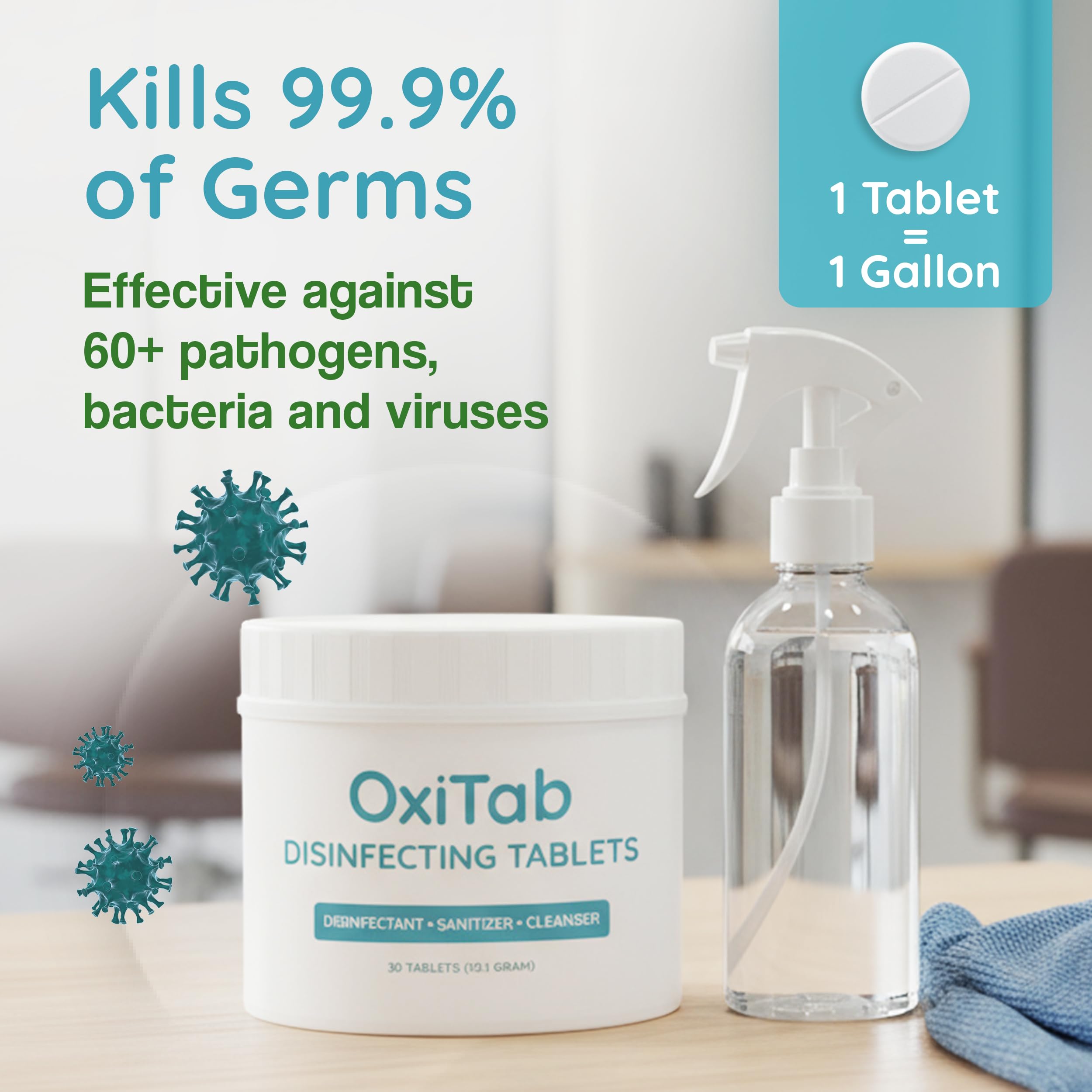 OxiTab Hospital-Grade HOCL Effervescent Disinfectant Tablets – EPA Registered – Kills 99.9% of Germs, Bacteria & Viruses – Perfect for Healthcare, Salon & Home Use (30 Tabs, 13.1g)