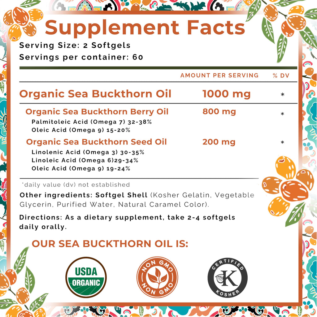 SEABUCKWONDERS Organic Sea Buckthorn Oil Omega-7 Complete, 120 Softgels, 60 Day Supply, with Omega 3, 6 & 9, Supports Hair, Skin & Nails, 100% Pure with Zero Filler Oil