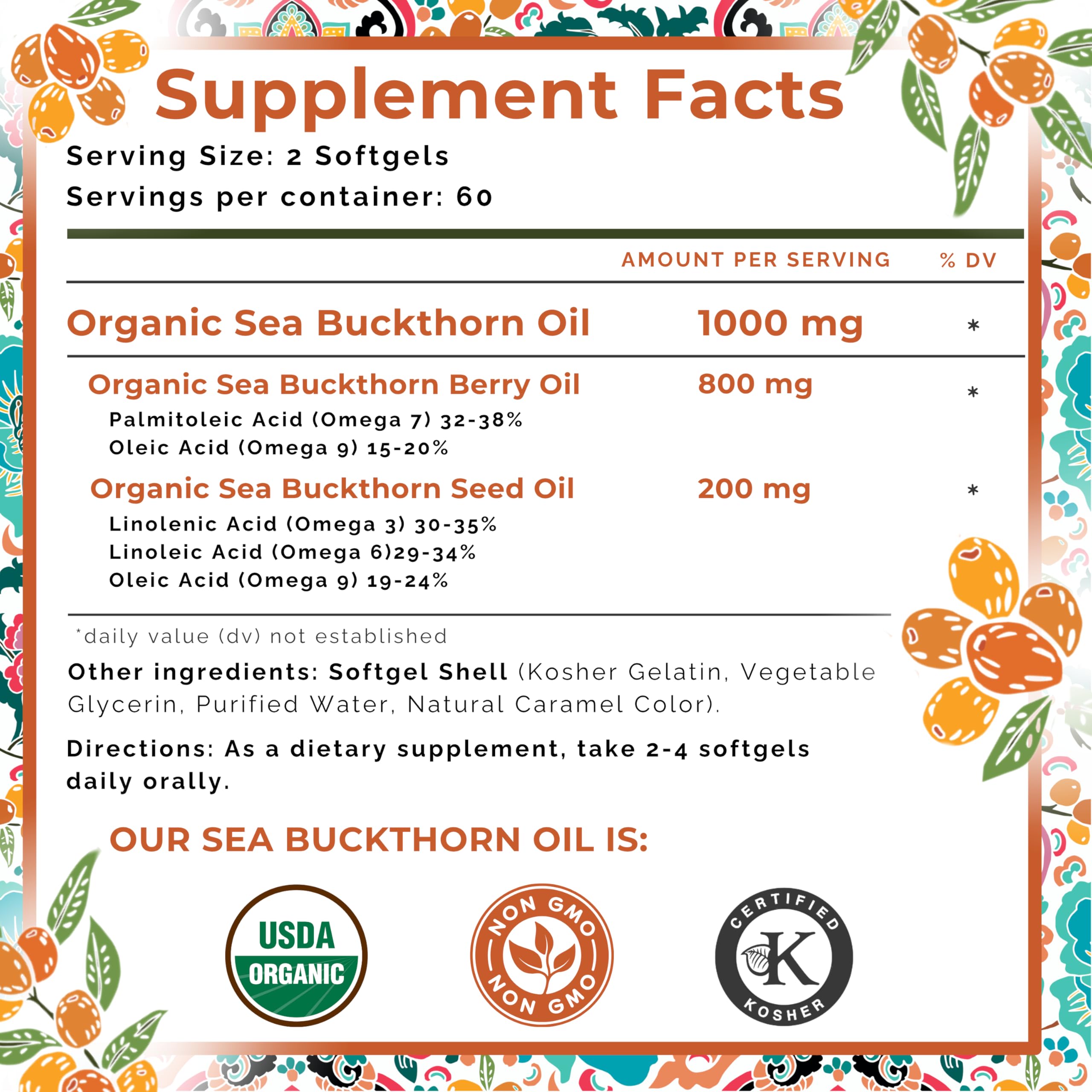 SEABUCKWONDERS Organic Sea Buckthorn Oil Omega-7 Complete, 120 Softgels, 60 Day Supply, with Omega 3, 6 & 9, Supports Hair, Skin & Nails, 100% Pure with Zero Filler Oil