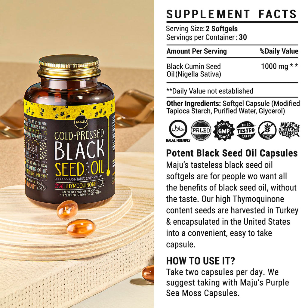 Maju Superfoods Black Seed Oil Capsules - Cold Pressed, 3X Thymoquinone, 100% Turkish Black Cumin Nigella Sativa Seed Oil, Liquid Pure Blackseed 60 Count, 500mg per Capsule