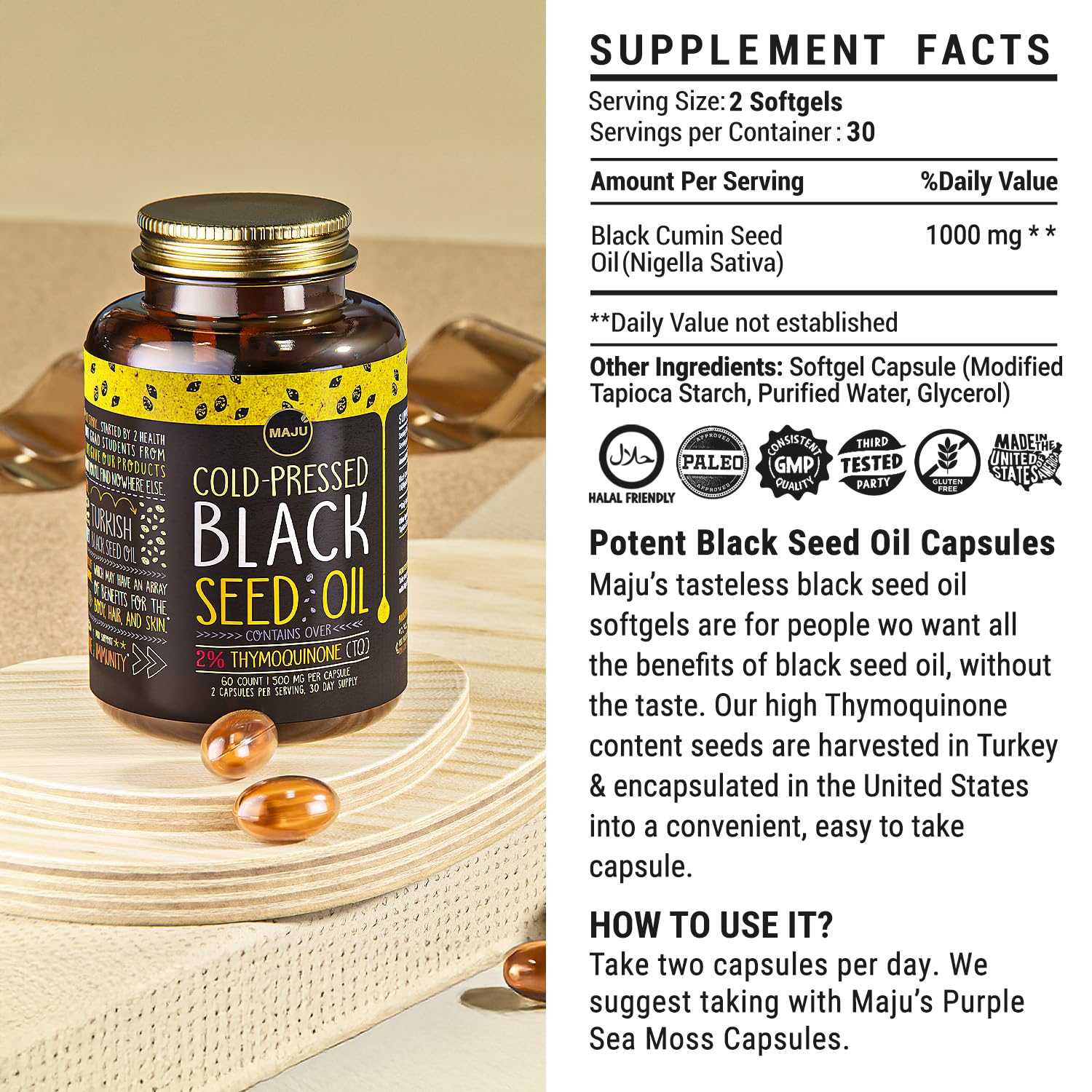 Maju Superfoods Black Seed Oil Capsules - Cold Pressed, 3X Thymoquinone, 100% Turkish Black Cumin Nigella Sativa Seed Oil, Liquid Pure Blackseed 60 Count, 500mg per Capsule