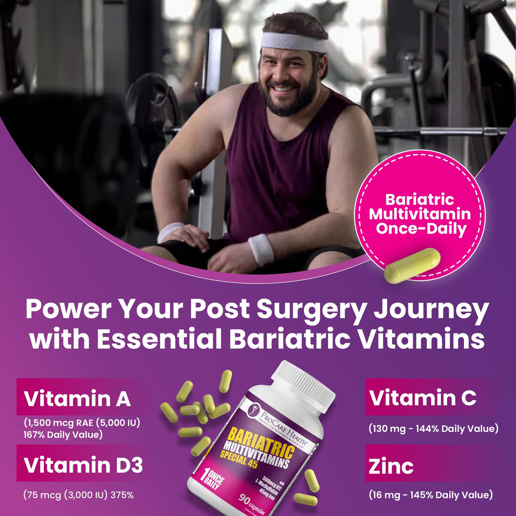ProCare Health Bariatric Multivitamin with Iron 45mg (90 Capsules) with Reduced B12 - Post-Op Bariatric Vitamins for Gastric Bypass, Sleeve, Duodenal Switch, Sustain Recovery & Energy (3 Month Supply)
