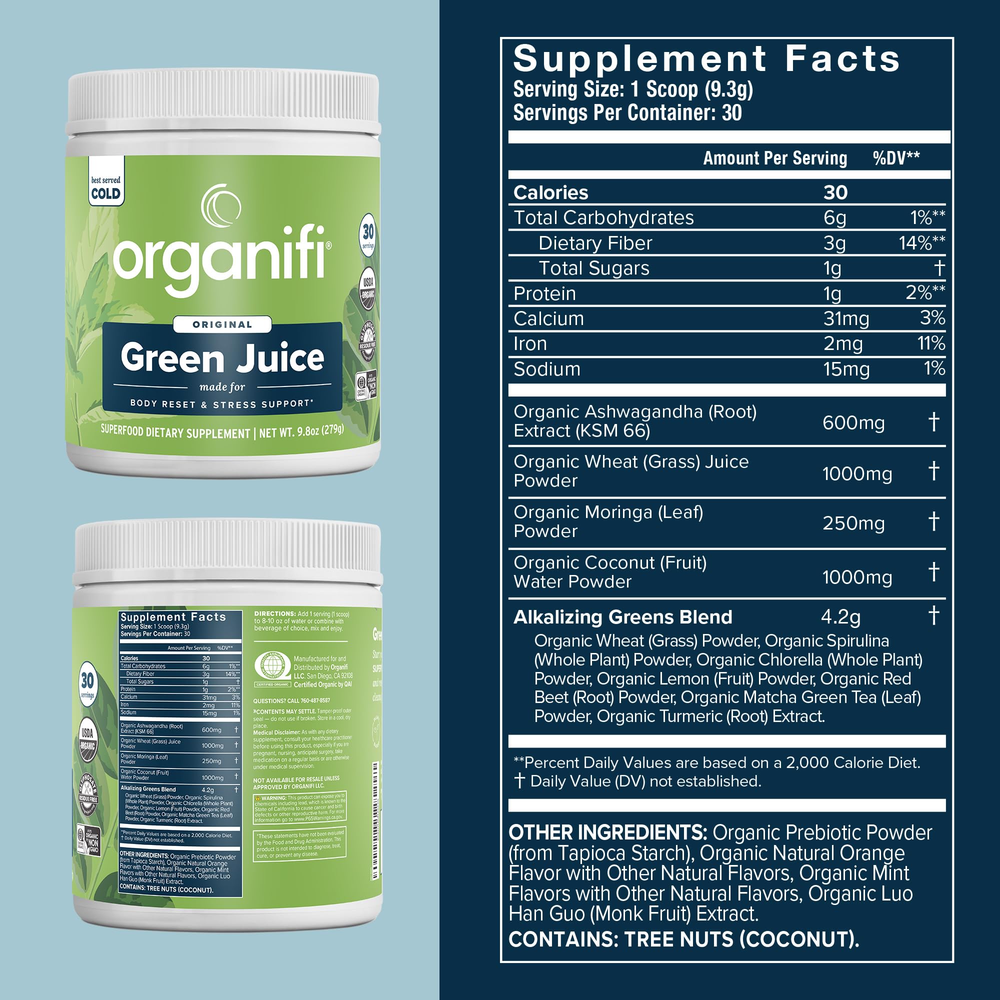 Organifi Green Juice - Powder Supplement with Organic Spirulina, Ashwagandha, and Chlorella - Helps Achieve Fitness Goals and Reduce Cortisol Levels, 30-Day Supply