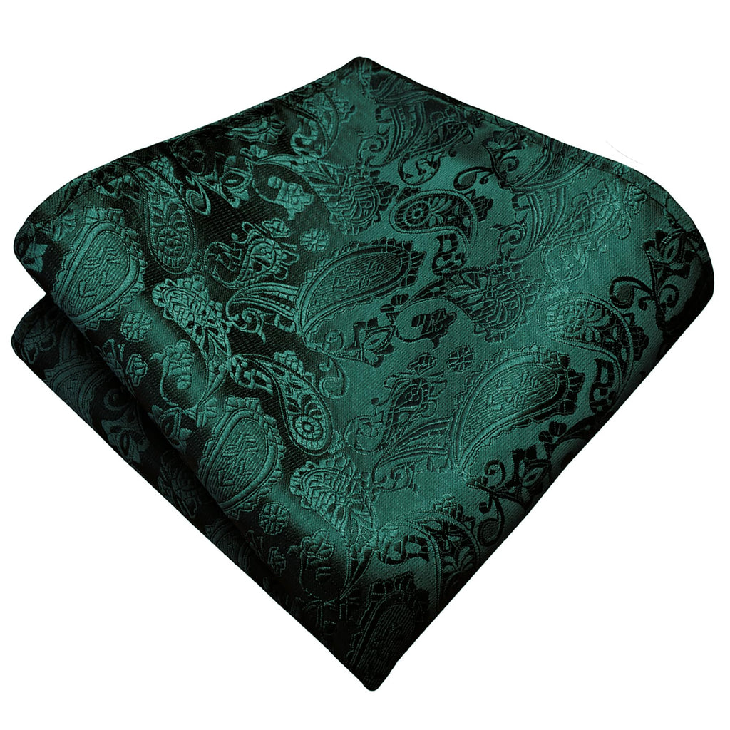 Gusleson Green Tie for Wedding Mens Silk Paisley Emerald Green Necktie Pocket Square Cufflinks and Lapel Pin Brooch Set (UK6105-37)