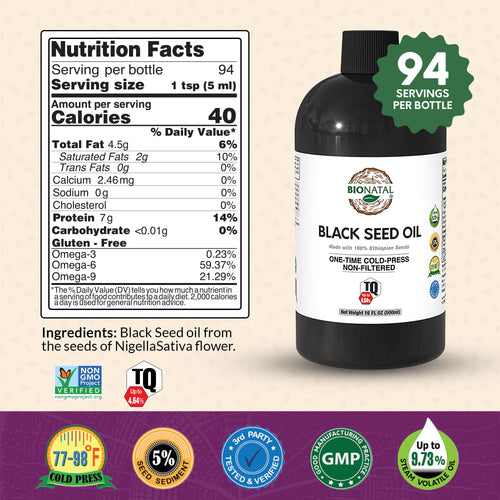 BioNatal Ethiopian Black Seed Oil 16oz PET/Plastic Bottle – Cold Pressed Nigella Sativa, Black Cumin Seed Oil, Unrefined & Non-Filtered, High TQ Up to 4.64% – Supports Immune System, Digestive
