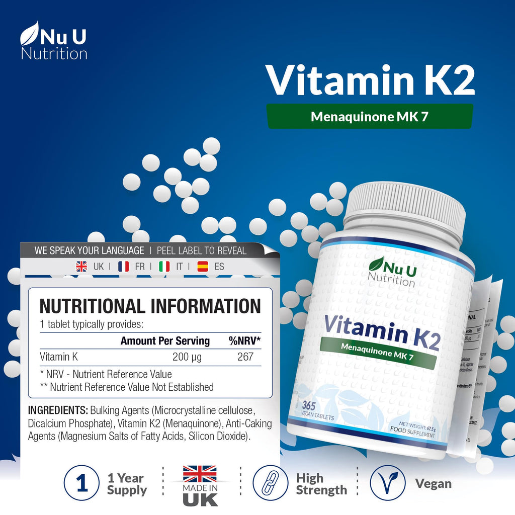 Vitamin K2 MK7 200mcg - 365 Vegan Tablets not Capsules - 1 a Day - 1 Year Supply - High Strength VIT K2 Menaquinone - Easy to Swallow - Made in the UK - Nu U Nutrition