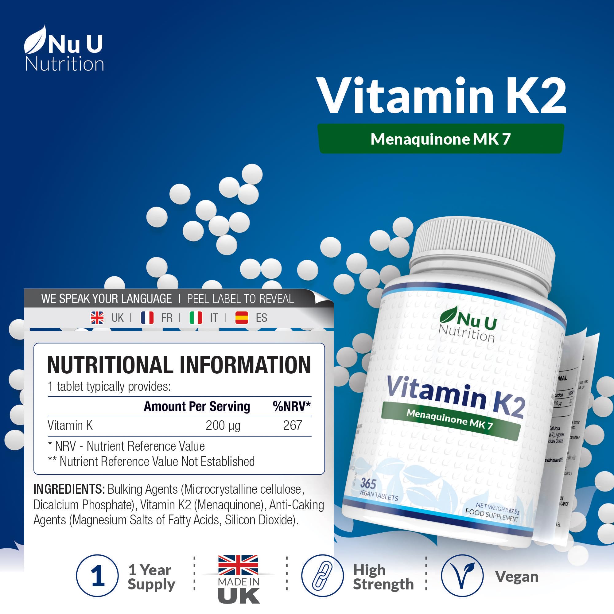 Vitamin K2 MK7 200mcg - 365 Vegan Tablets not Capsules - 1 a Day - 1 Year Supply - High Strength VIT K2 Menaquinone - Easy to Swallow - Made in the UK - Nu U Nutrition
