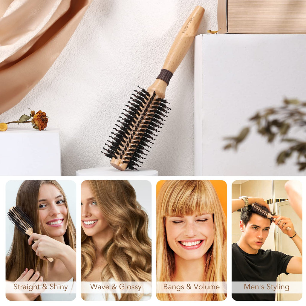 BESTOOL Round Brush for Blow-Drying, Boar Bristles with Nylon Pins, Professional Styling Brush for Women and Men, Straightening, Curling, Improving Hair Texture (Barrel 20mm)