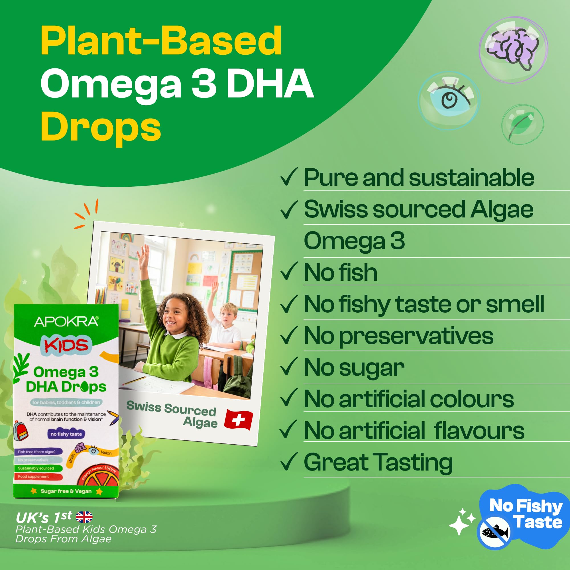 Vegan Omega 3 from DHA for Kids - 50mL - Fish Flavor Free - No Preservatives & Sugar Free - Sustainable Algae Alternative to Fish Oil | APOKRA Kids