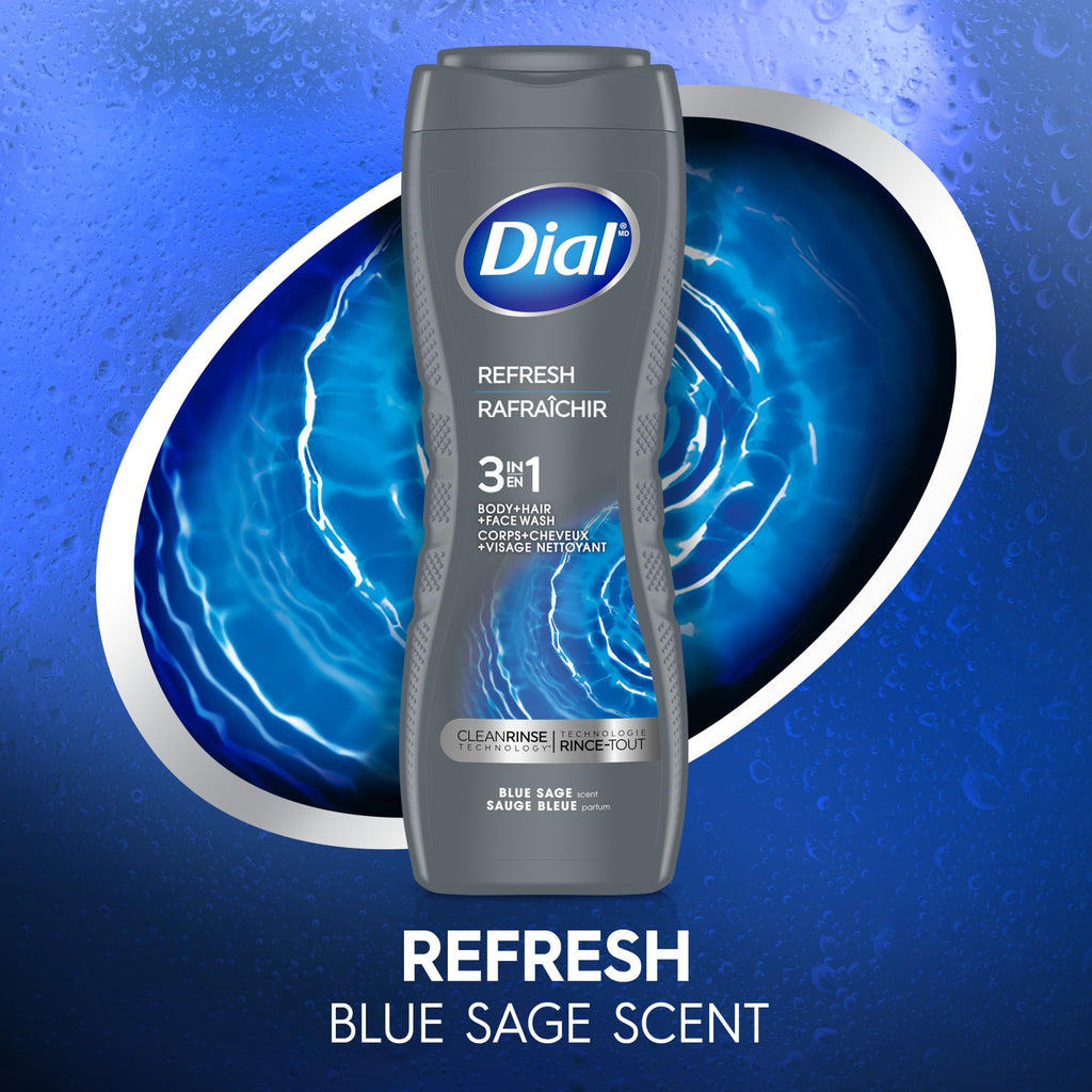 Dial Men 3 in 1 Body, Hair and Face Wash, Refresh, 16 Fl Oz, Pack of 6, Blue Sage Scent, Cleanses Deep + Gentle on Skin with Clean Rinse Technology
