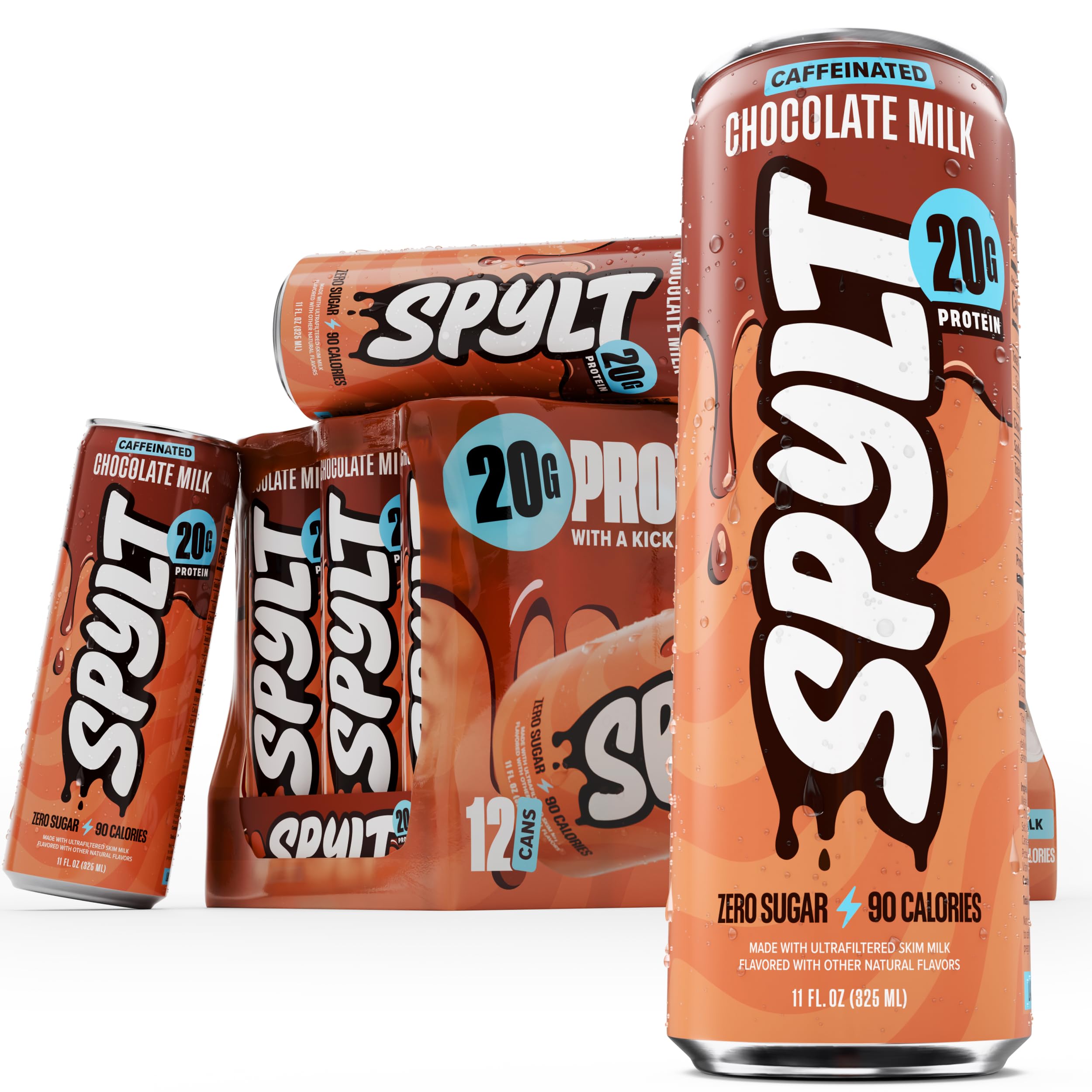 Spylt High Protein Chocolate Milk with 60mg Caffeine & 20g Protein - 90 Calories, Ready to Drink, Sugar Free, Lactose Free Milk, Perfect for Workout Recovery & Afternoon Pick Me Up - 12 Count - Packaging May Vary