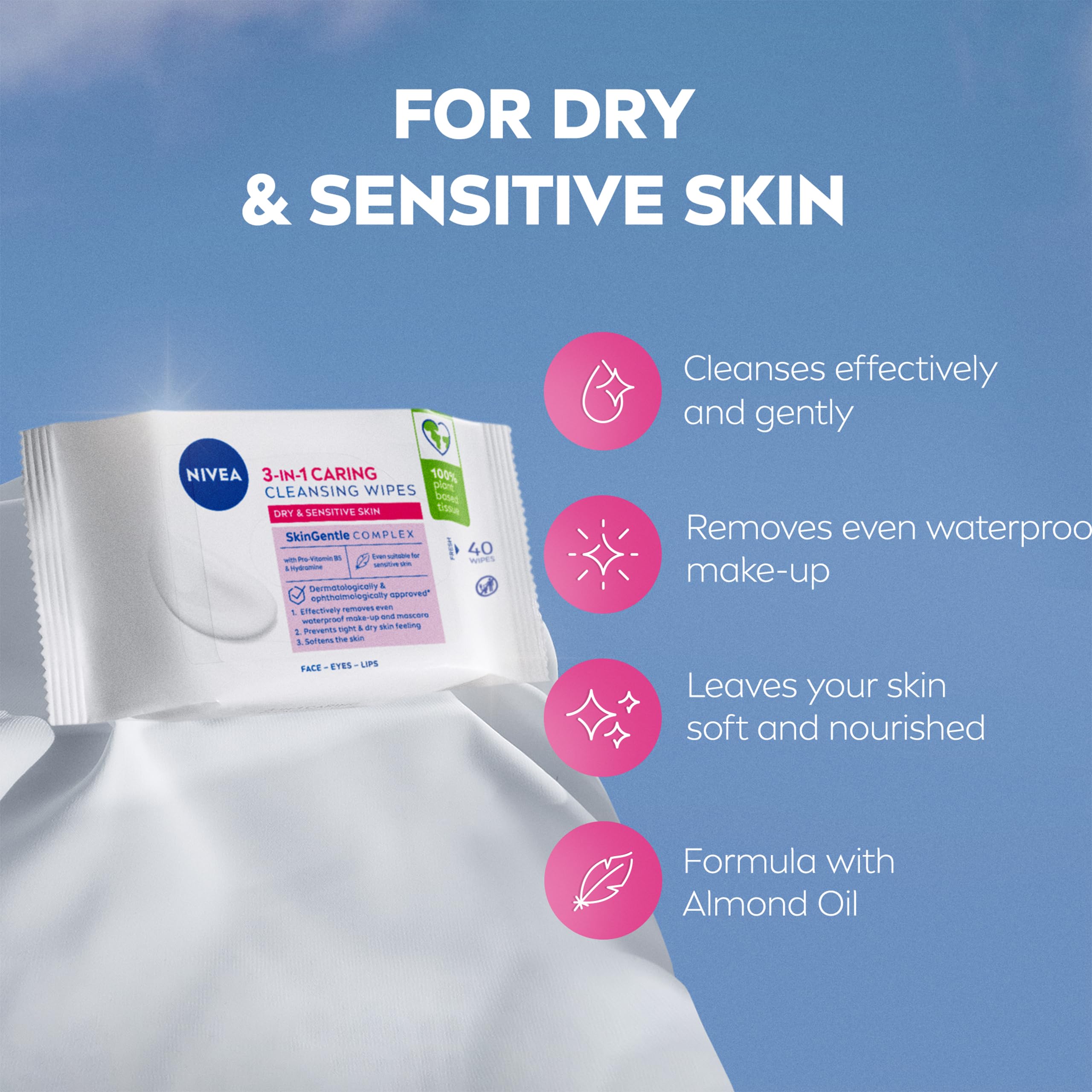 NIVEA 3in1 Caring Cleansing Wipes Dry Skin (40 Wipes), Plant-Based Makeup Remover Sheets, Face Wipes for Dry Skin, Gentle yet Effective Makeup Removal