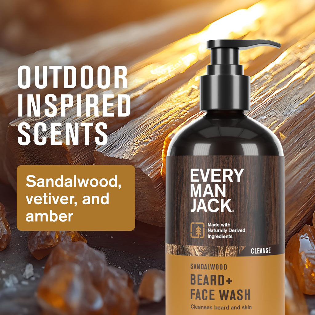 Every Man Jack Beard Essentials Gift Set for Men – Complete Routine with 5 Full-Size Essentials – Sandalwood Scent - Beard & Face Wash, Lotion, Oil, Butter & Comb