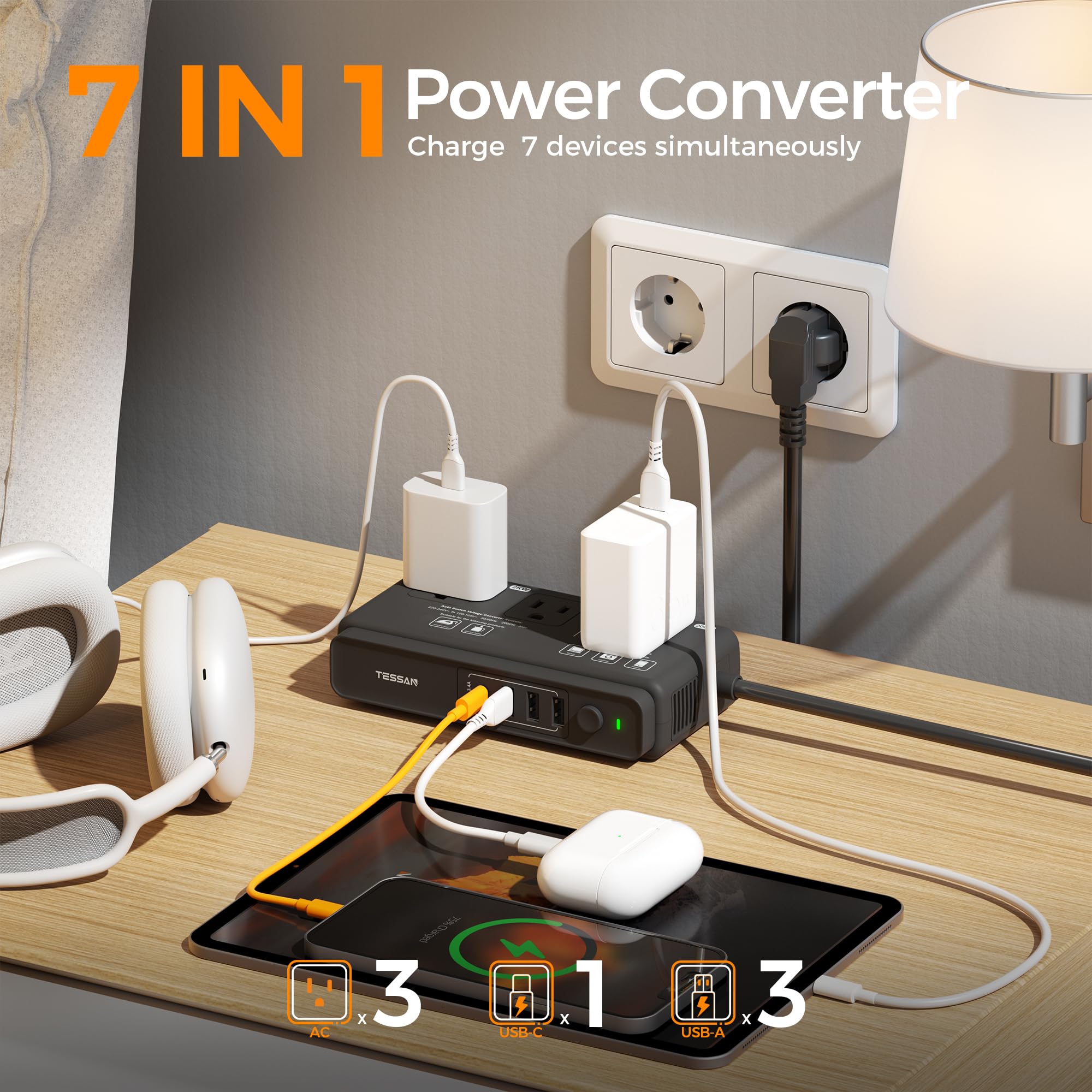 TESSAN 220V to 110V Travel Voltage Converter, Black